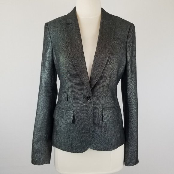 Tory Burch Metallic Black & Silver Shimmer Button Front Blazer Suit Jacket NWOT - Picture 1 of 10